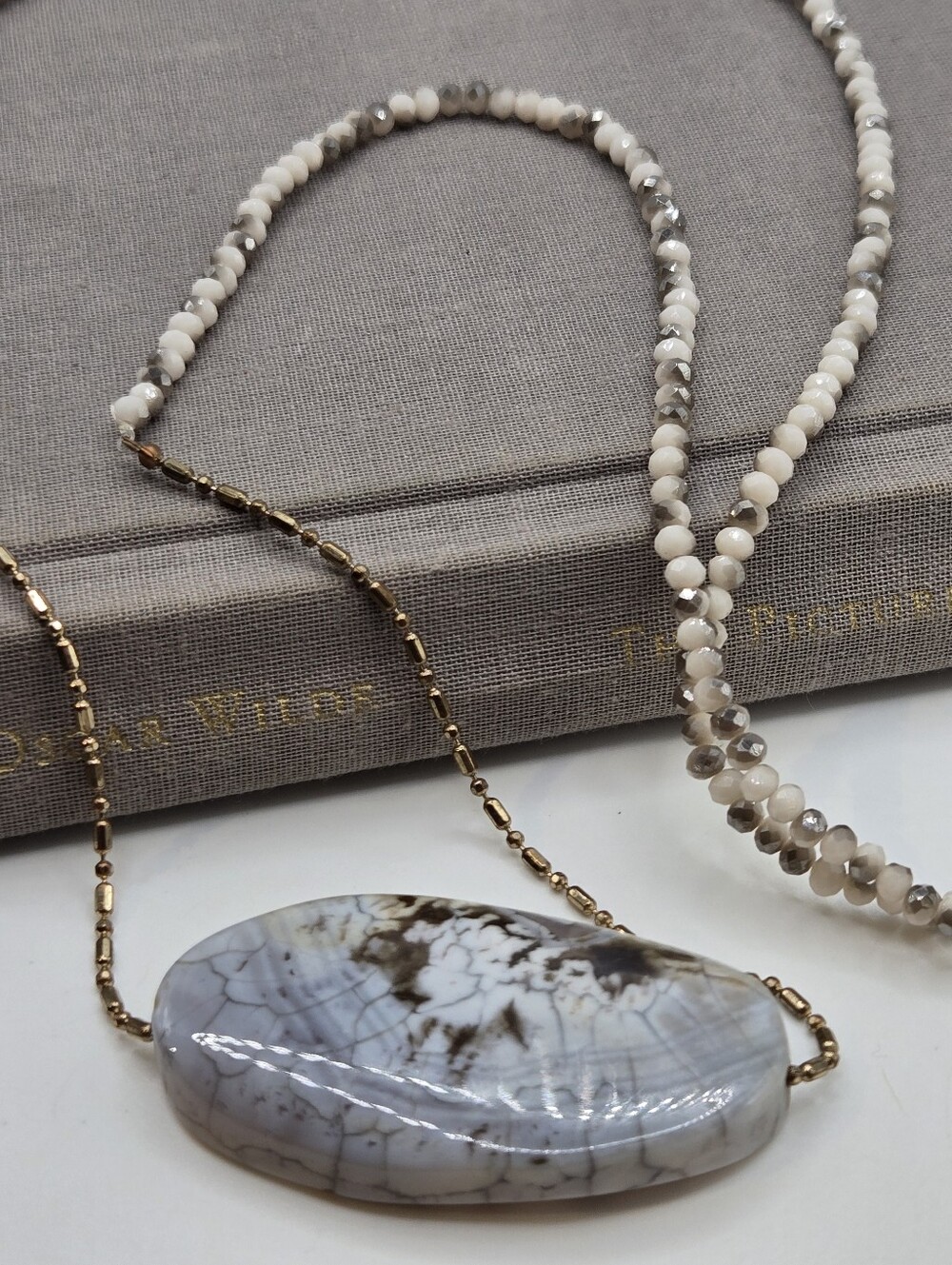 Chunky Blue Agate Stone Necklace Western Southwestern 35" Gold-tone Cowgirl
